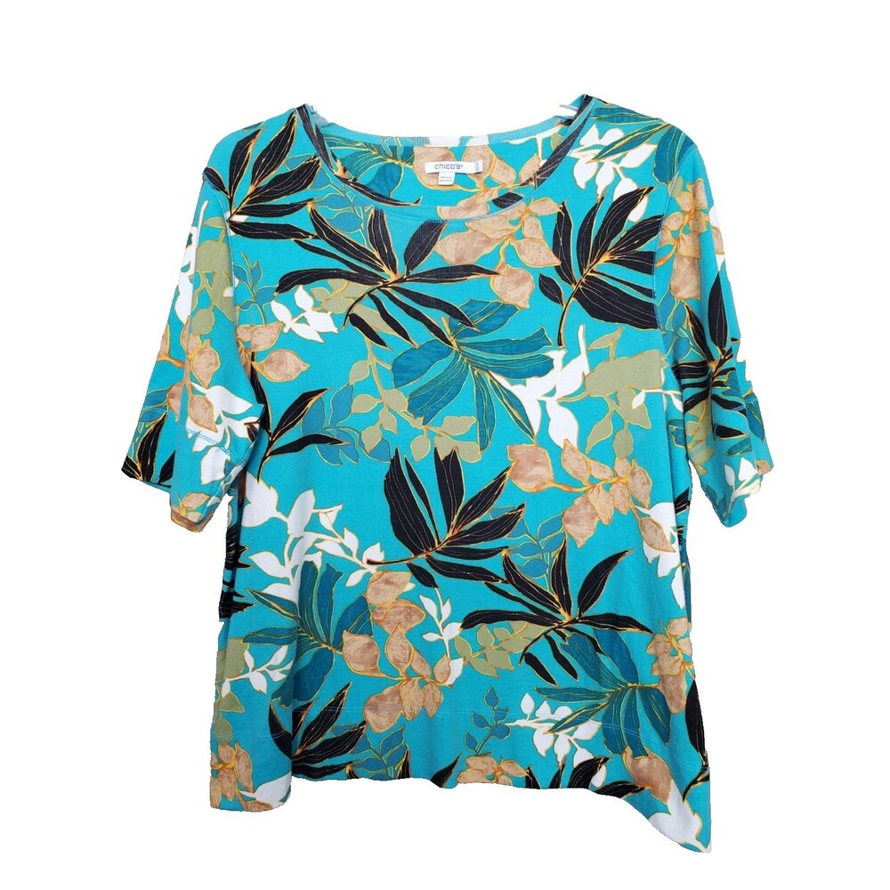 Chico's Pima Cotton Tropical Palms Print Jewel Neck Short Sleeve T-Shirt 4 (XXL)